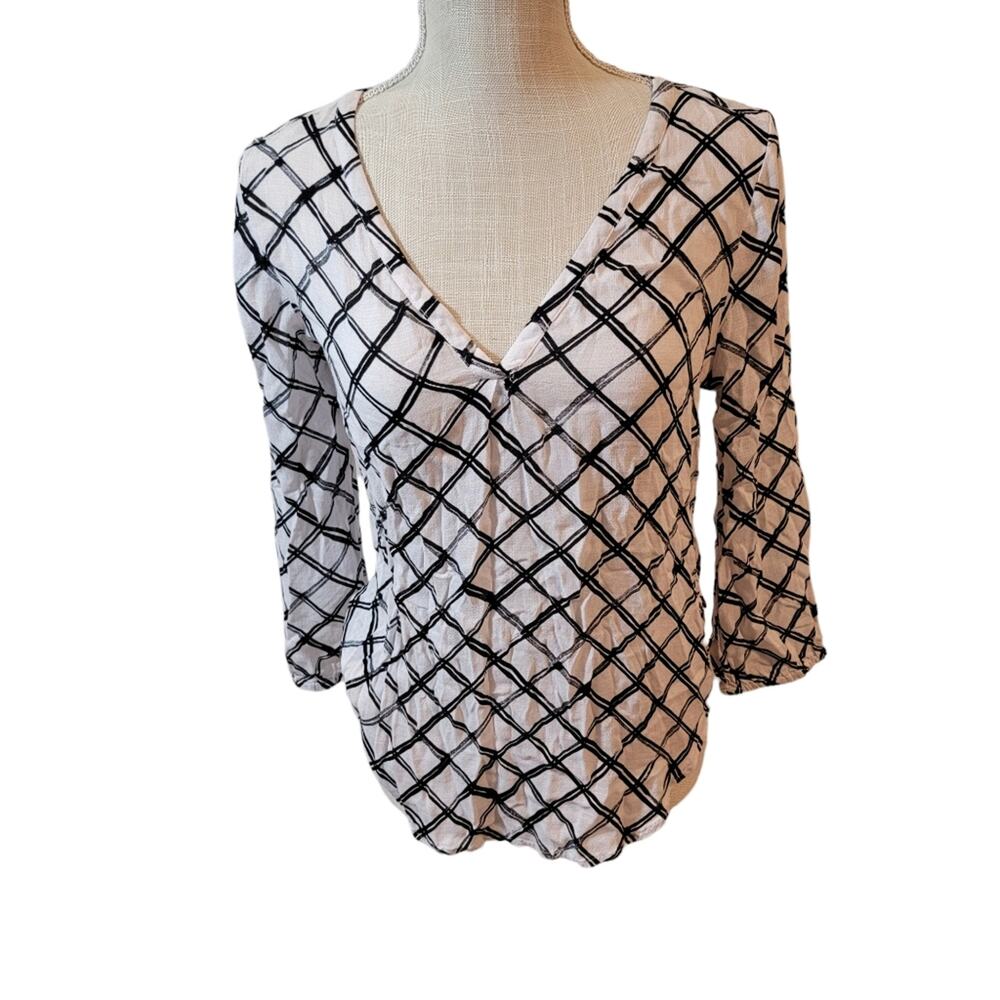 Lucky Brand Black/White Square Paint V-Neck 3/4 Sleeve Blouse Size Small